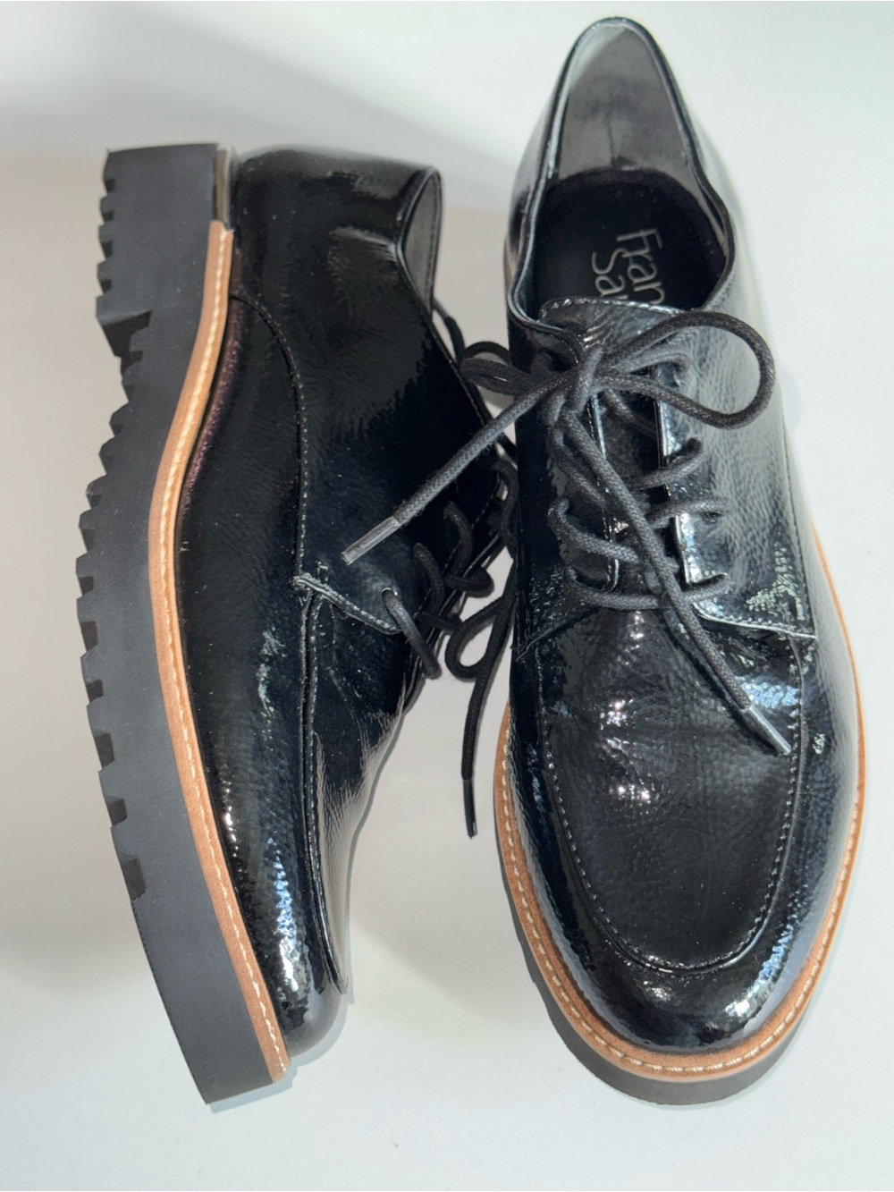 Franco Sarto Black Patent Lace-Up Derby with Tan Welt